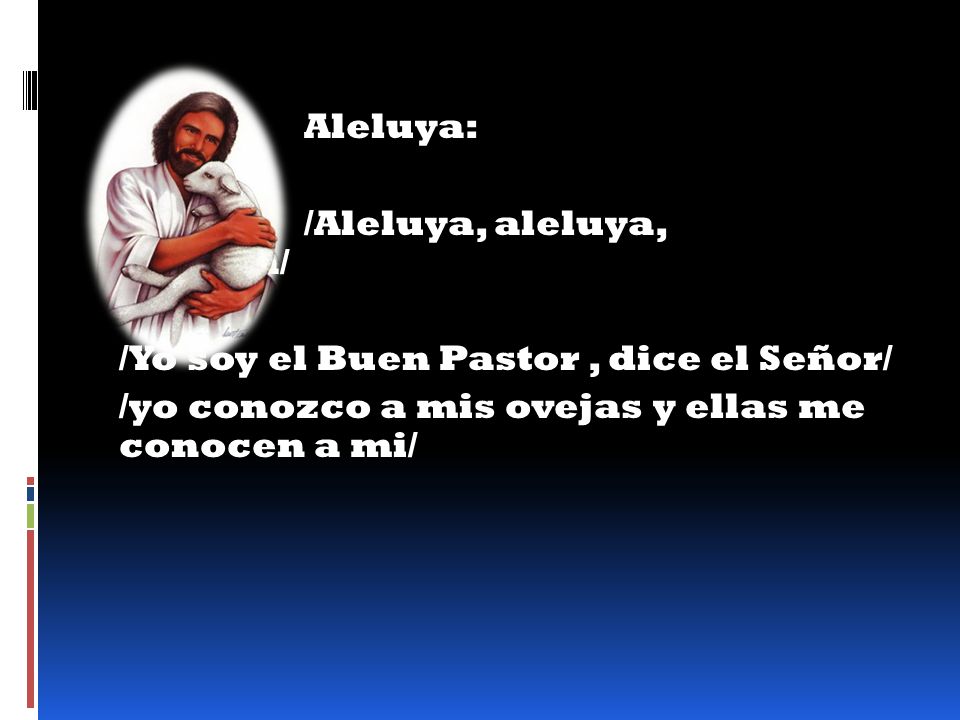 Aleluya: /Aleluya, aleluya, aleluya/ /Yo soy el Buen Pastor , dice el Señor/ /yo conozco a mis ovejas y ellas me conocen a mi/