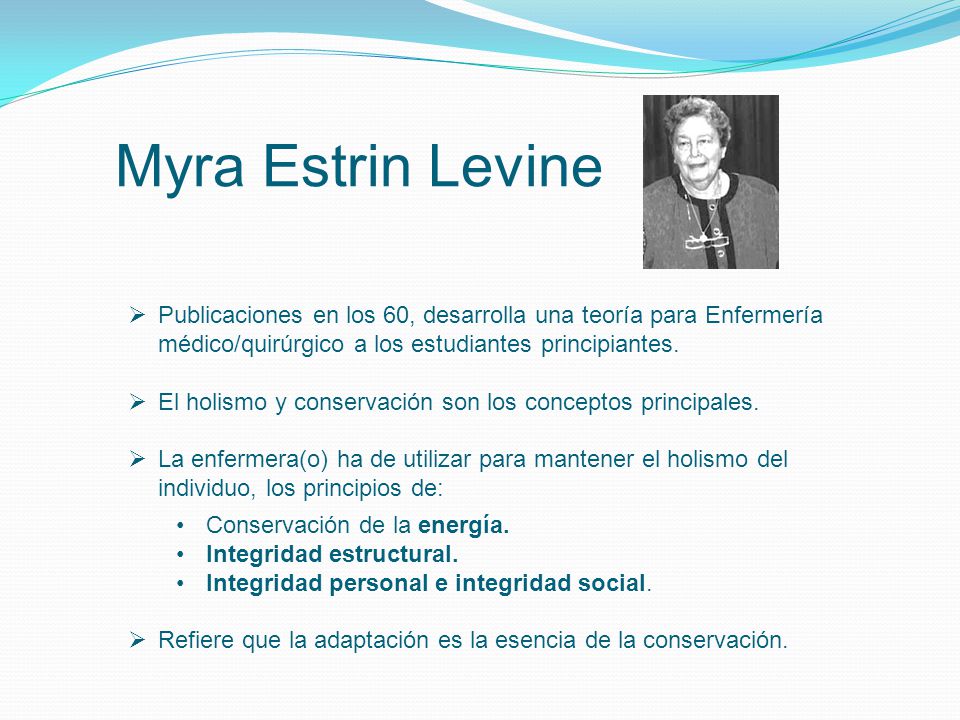Myra Estrin Levine Publicaciones en los 60, desarrolla una teoría para Enfermería médico/quirúrgico a los estudiantes principiantes.