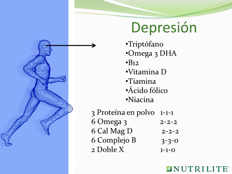 Depresión Triptófano Omega 3 DHA B12 Vitamina D Tiamina Ácido fólico