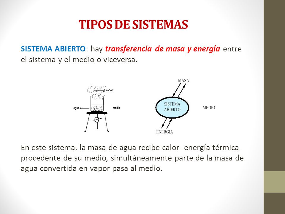 TIPOS DE SISTEMAS SISTEMA ABIERTO: hay transferencia de masa y energía entre el sistema y el medio o viceversa.
