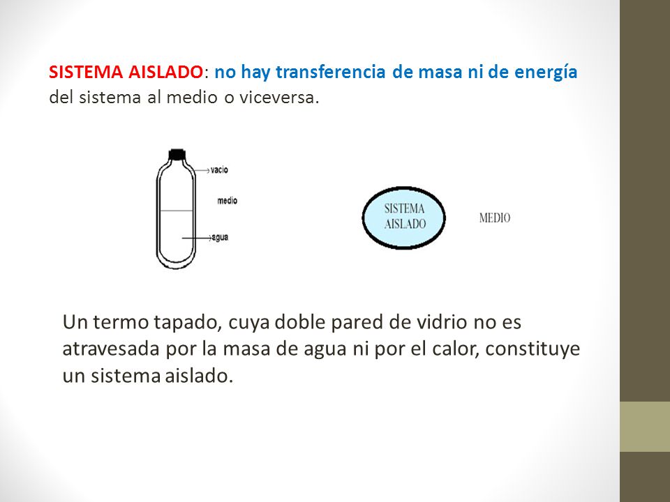 SISTEMA AISLADO: no hay transferencia de masa ni de energía del sistema al medio o viceversa.