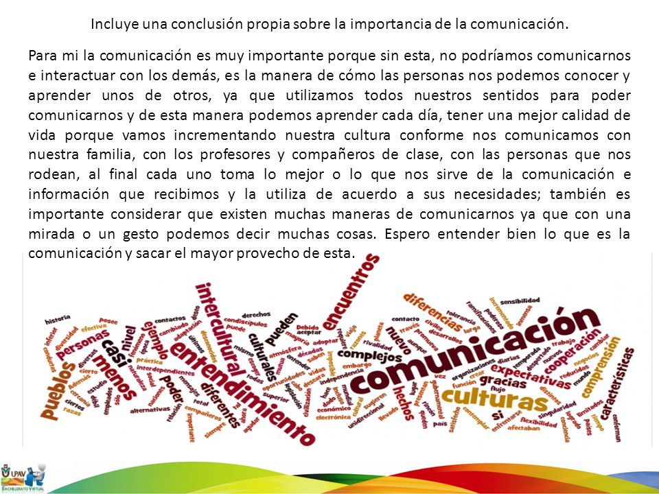 Incluye una conclusión propia sobre la importancia de la comunicación.