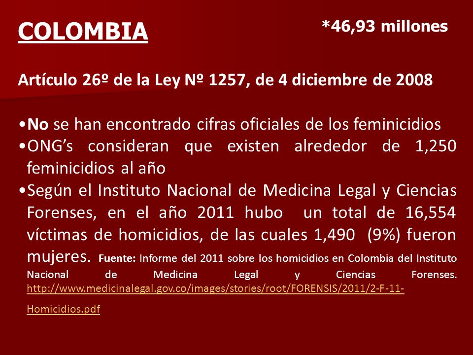 COLOMBIA Artículo 26º de la Ley Nº 1257, de 4 diciembre de 2008