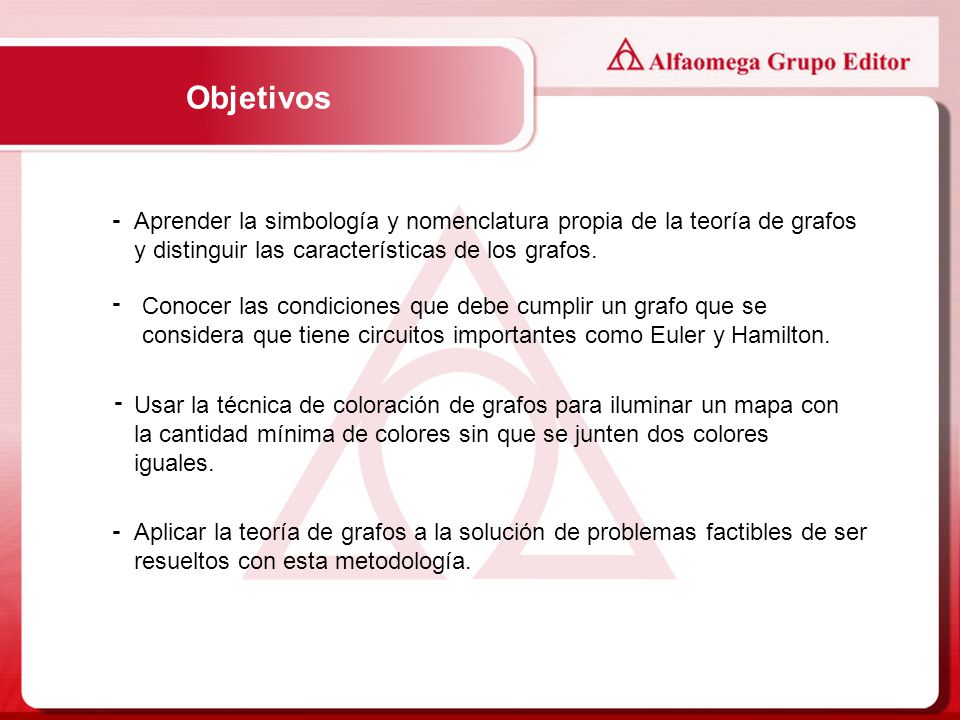 Objetivos - Aprender la simbología y nomenclatura propia de la teoría de grafos y distinguir las características de los grafos.
