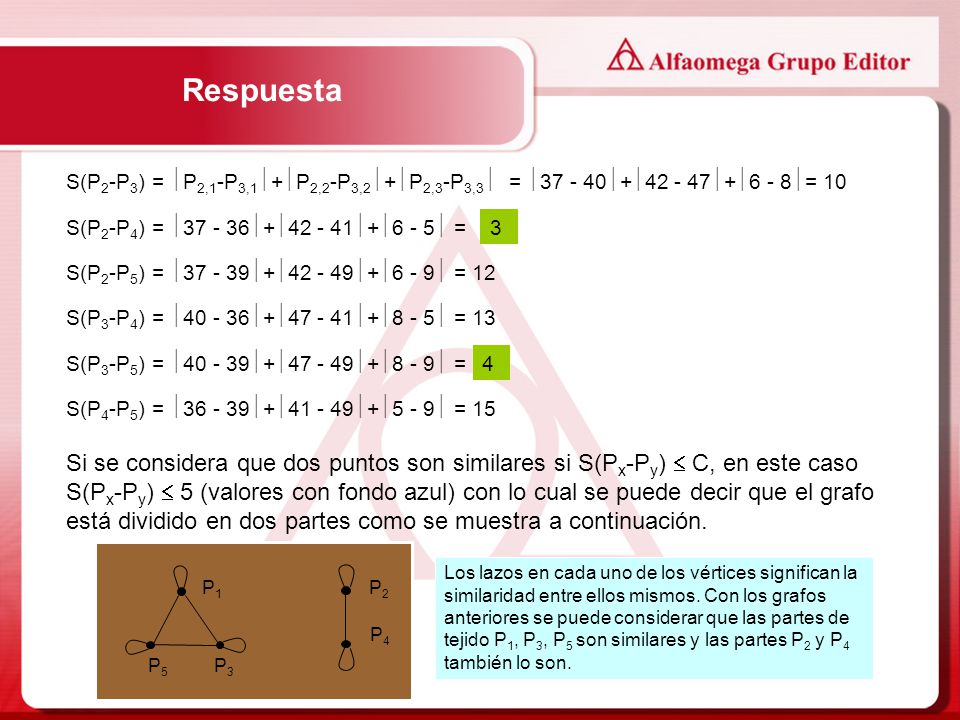 Respuesta S(P2-P3) = P2,1-P3,1+P2,2-P3,2+P2,3-P3,3 =  + +6 - 8= 10. S(P2-P4) =  + +6 - 5 =