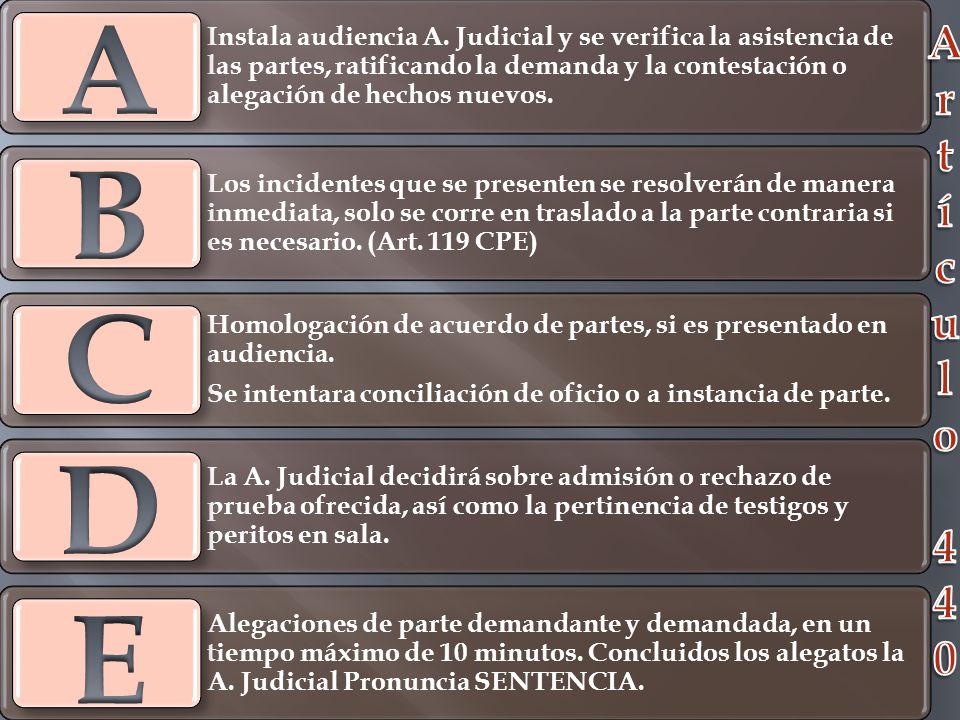 A Instala audiencia A. Judicial y se verifica la asistencia de las partes, ratificando la demanda y la contestación o alegación de hechos nuevos.