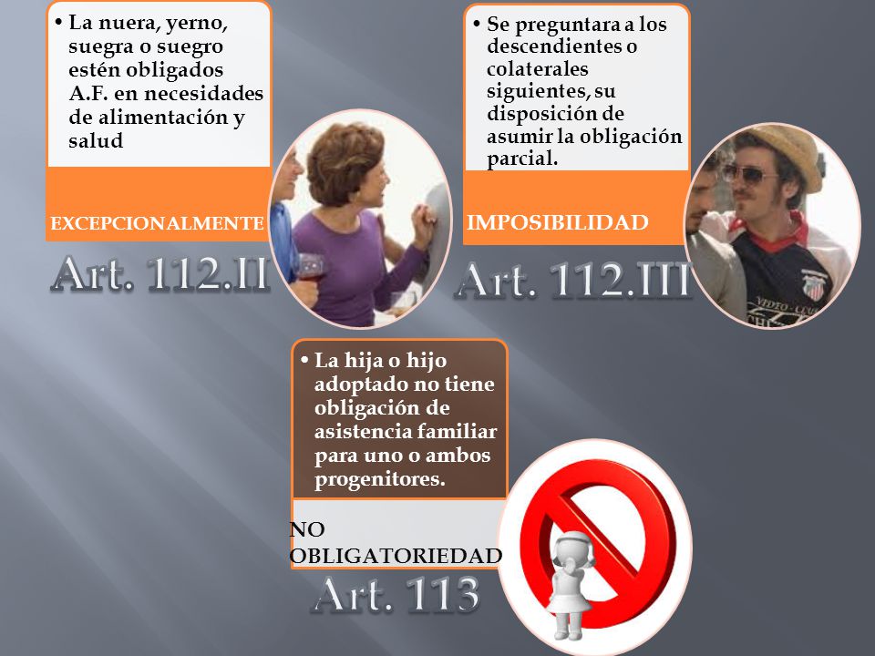La nuera, yerno, suegra o suegro estén obligados A. F