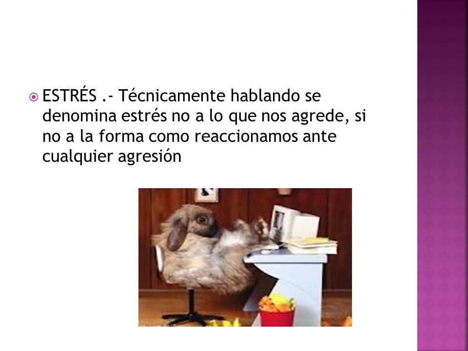 ESTRÉS .- Técnicamente hablando se denomina estrés no a lo que nos agrede, si no a la forma como reaccionamos ante cualquier agresión