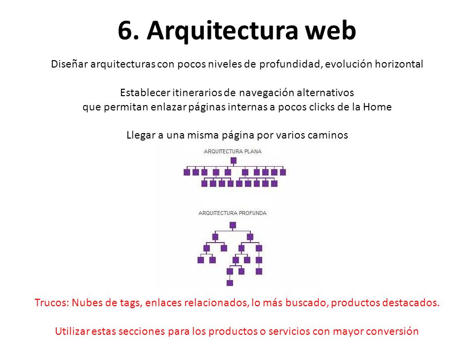 6. Arquitectura web Diseñar arquitecturas con pocos niveles de profundidad, evolución horizontal. Establecer itinerarios de navegación alternativos.