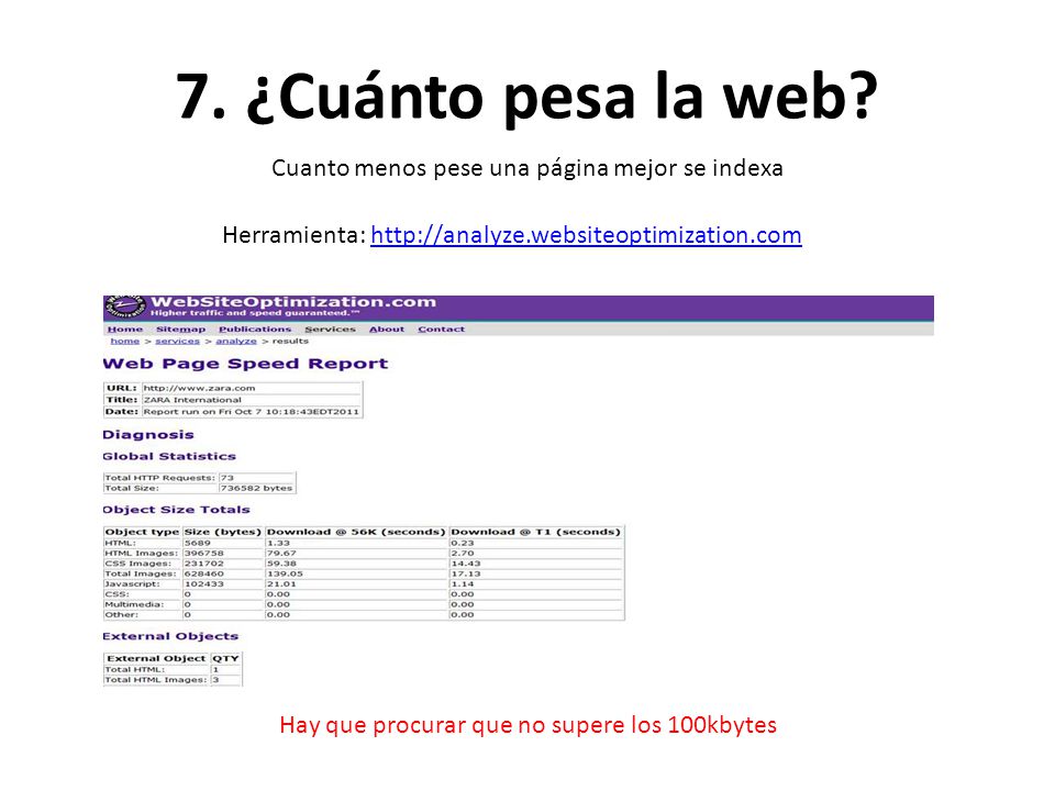 7. ¿Cuánto pesa la web Cuanto menos pese una página mejor se indexa