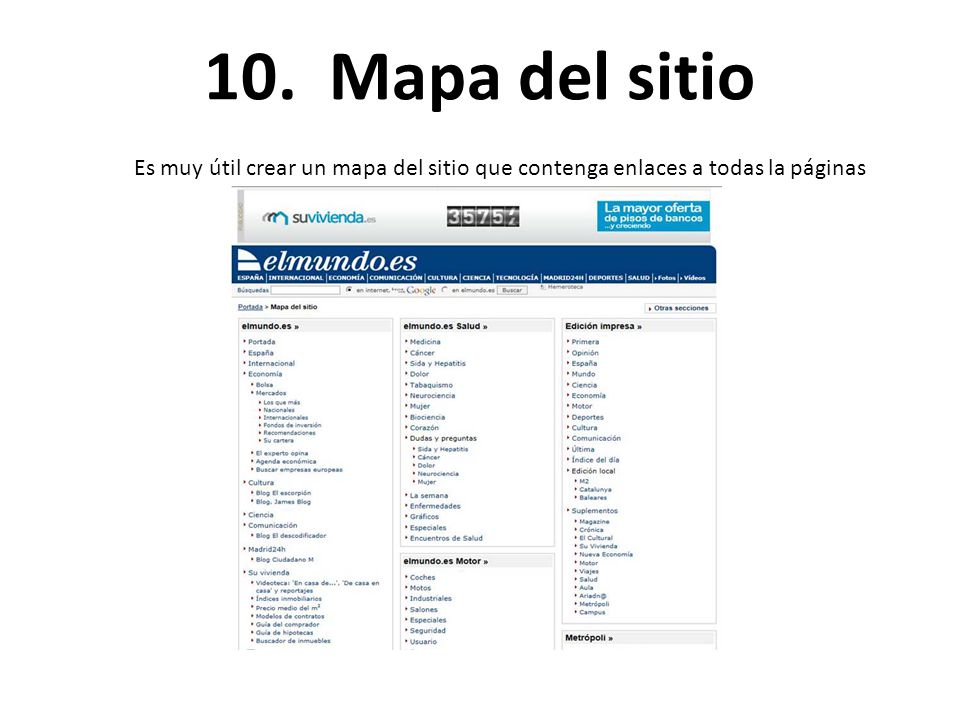 10. Mapa del sitio Es muy útil crear un mapa del sitio que contenga enlaces a todas la páginas