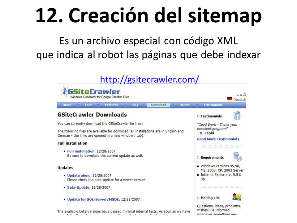 12. Creación del sitemap Es un archivo especial con código XML