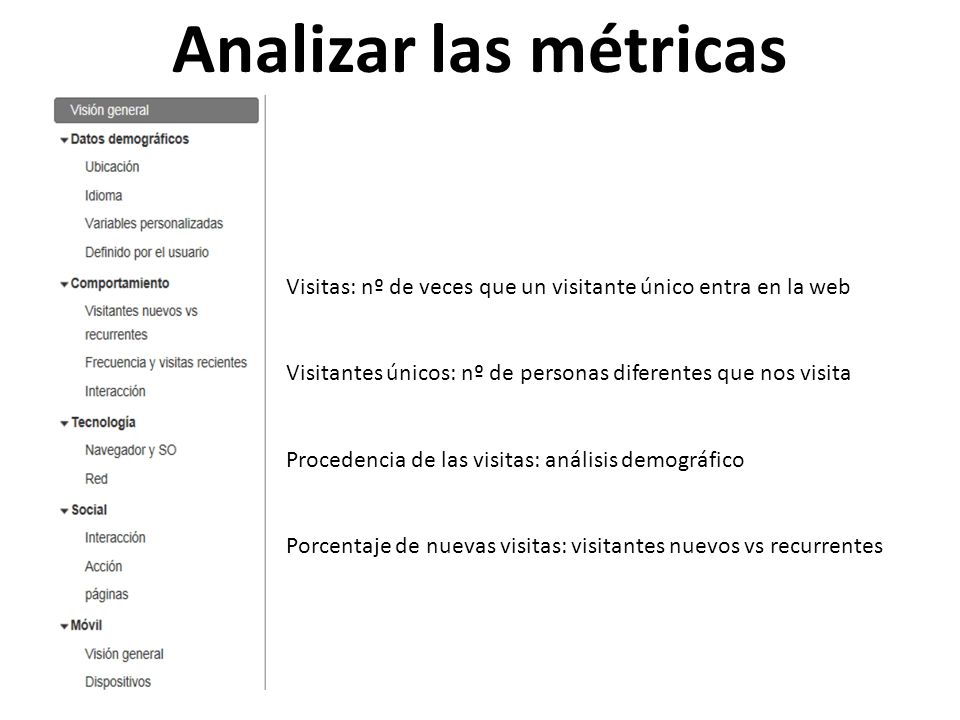 Analizar las métricas Visitas: nº de veces que un visitante único entra en la web. Visitantes únicos: nº de personas diferentes que nos visita.
