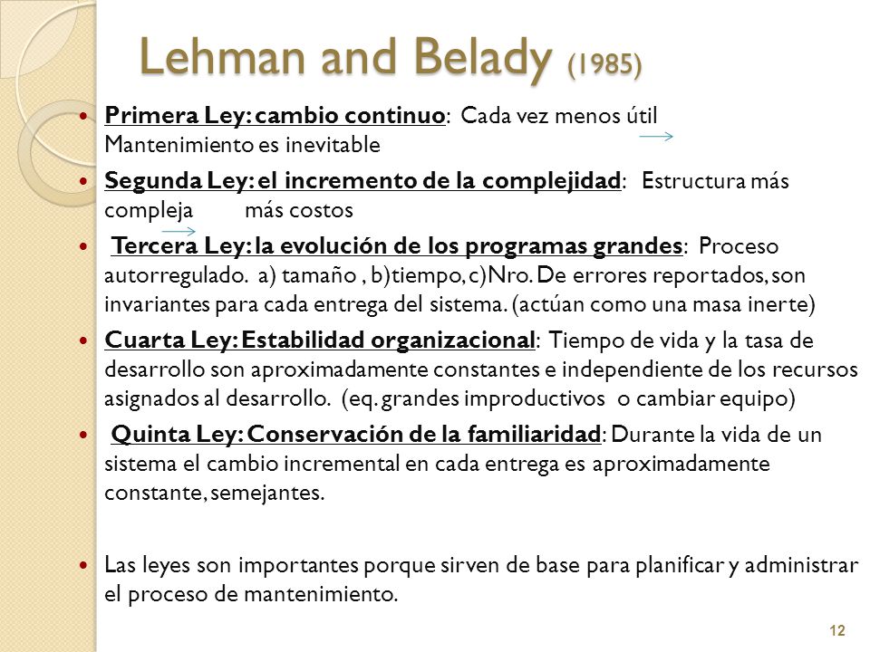 Lehman and Belady (1985) Primera Ley: cambio continuo: Cada vez menos útil Mantenimiento es inevitable.