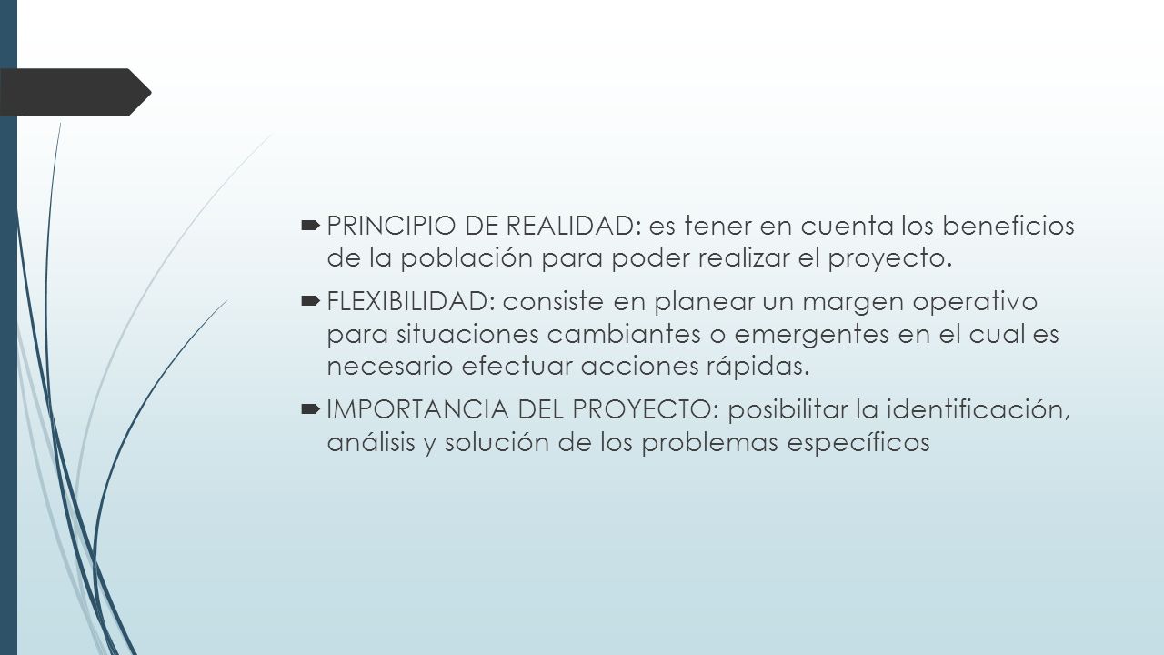 PRINCIPIO DE REALIDAD: es tener en cuenta los beneficios de la población para poder realizar el proyecto.