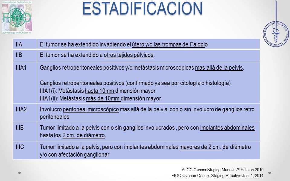 ESTADIFICACION IIA. El tumor se ha extendido invadiendo el útero y/o las trompas de Falopio. IIB.