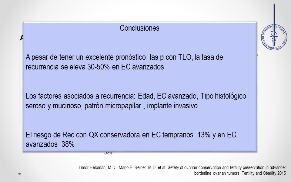 Conclusiones A pesar de tener un excelente pronóstico las p con TLO, la tasa de recurrencia se eleva 30-50% en EC avanzados.