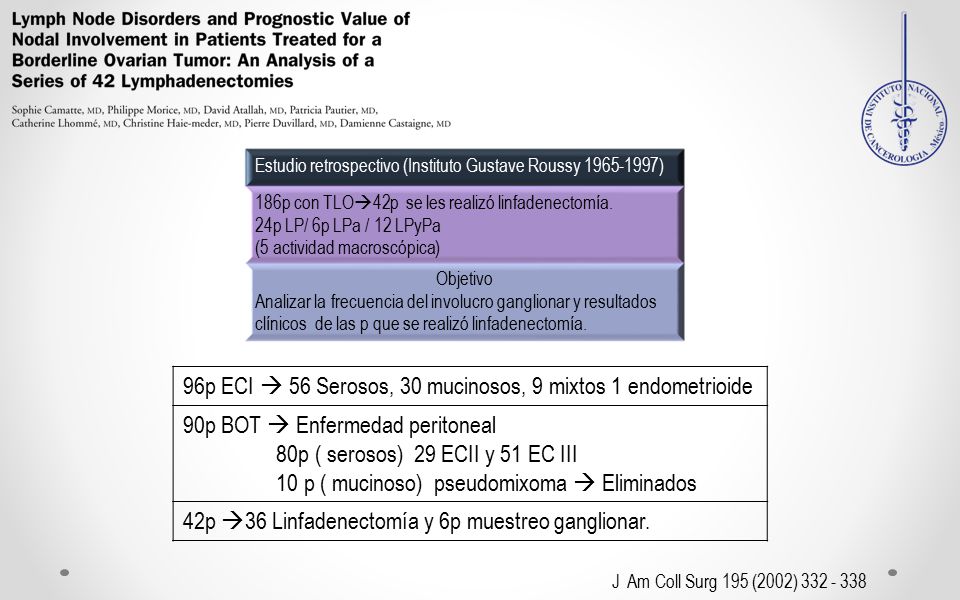 96p ECI  56 Serosos, 30 mucinosos, 9 mixtos 1 endometrioide