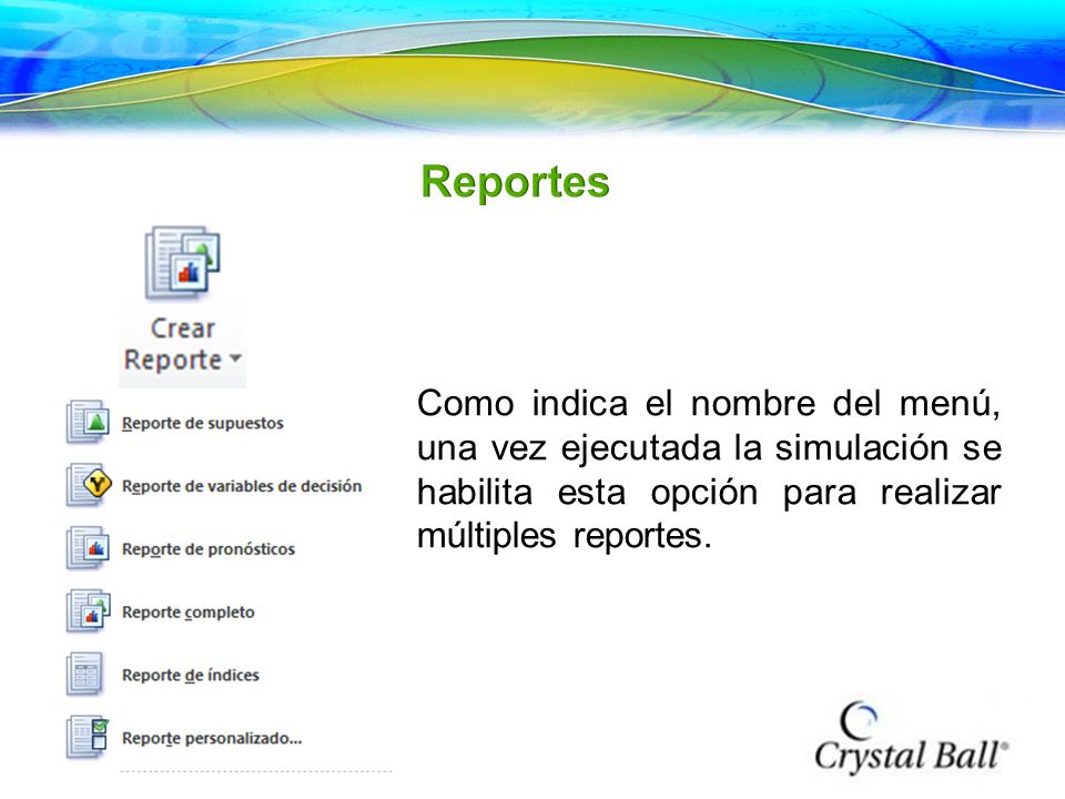 Reportes Como indica el nombre del menú, una vez ejecutada la simulación se habilita esta opción para realizar múltiples reportes.