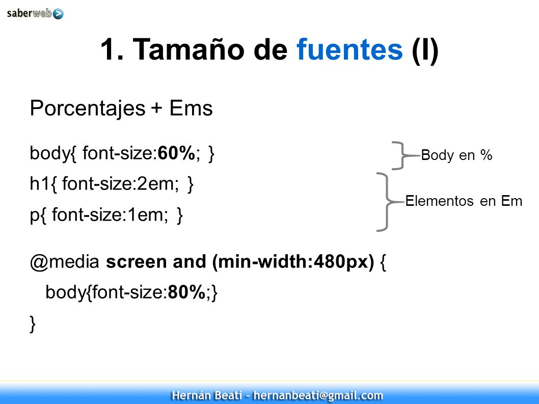 1. Tamaño de fuentes (I) Porcentajes + Ems body{ font-size:60%; }