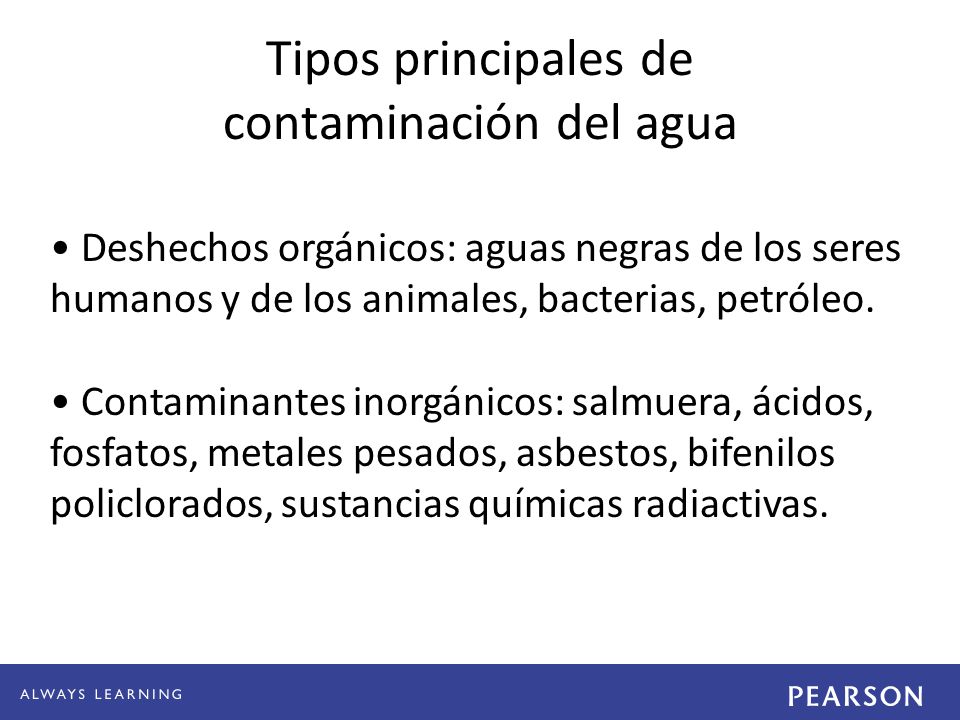 Tipos principales de contaminación del agua