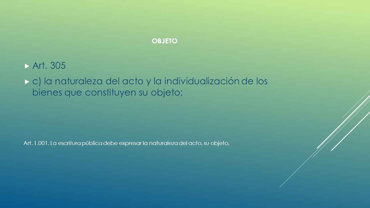 Art. 305 c) la naturaleza del acto y la individualización de los bienes que constituyen su objeto;