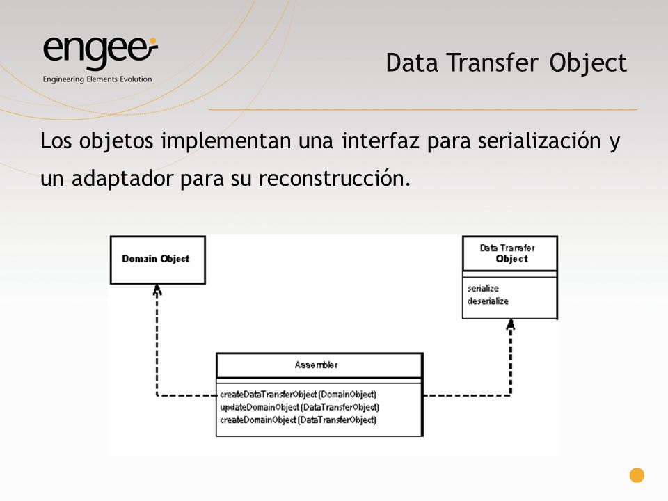 Data Transfer Object Los objetos implementan una interfaz para serialización y un adaptador para su reconstrucción.