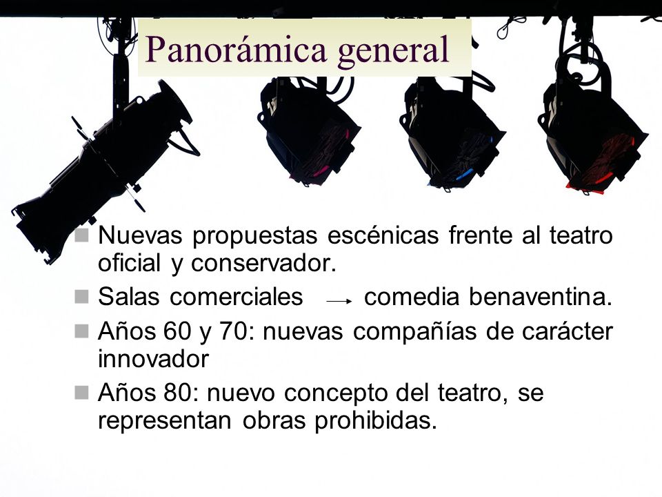 Panorámica general Nuevas propuestas escénicas frente al teatro oficial y conservador. Salas comerciales comedia benaventina.