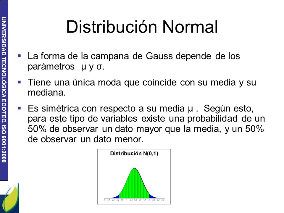 Distribución Normal La forma de la campana de Gauss depende de los parámetros μ y σ. Tiene una única moda que coincide con su media y su mediana.