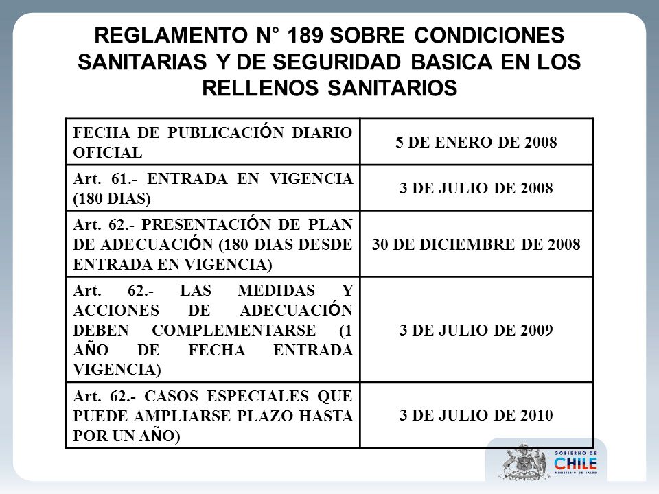 REGLAMENTO N° 189 SOBRE CONDICIONES SANITARIAS Y DE SEGURIDAD BASICA EN LOS RELLENOS SANITARIOS