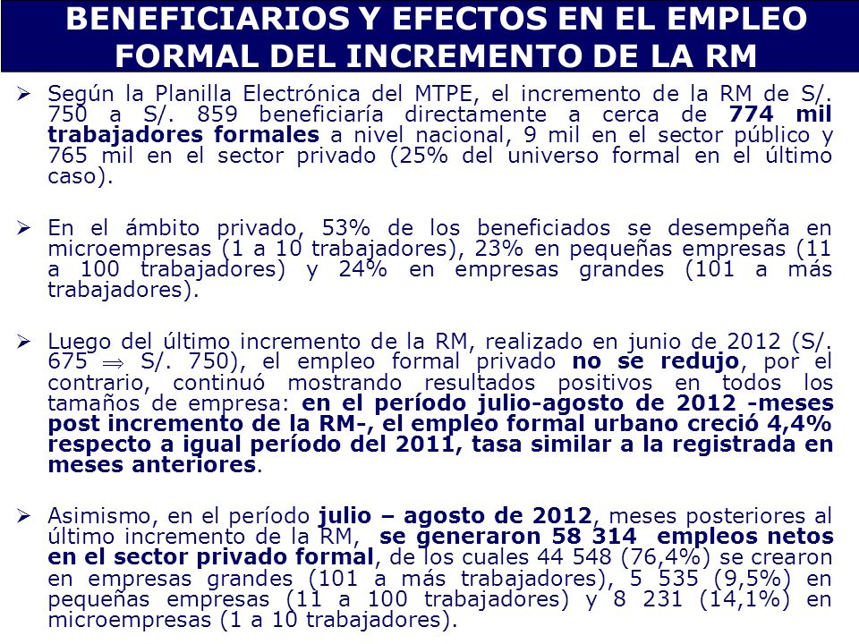 BENEFICIARIOS Y EFECTOS EN EL EMPLEO FORMAL DEL INCREMENTO DE LA RM
