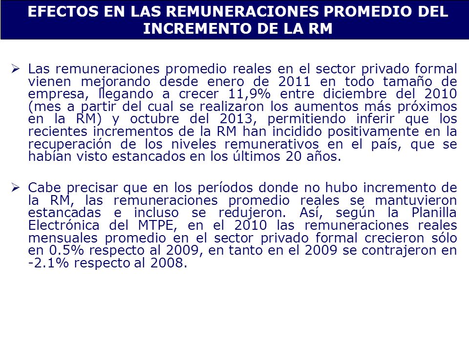 EFECTOS EN LAS REMUNERACIONES PROMEDIO DEL INCREMENTO DE LA RM