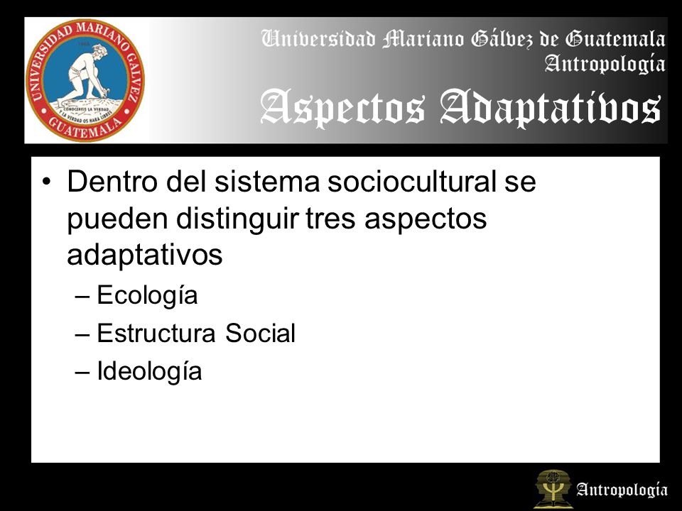 Aspectos Adaptativos Dentro del sistema sociocultural se pueden distinguir tres aspectos adaptativos.