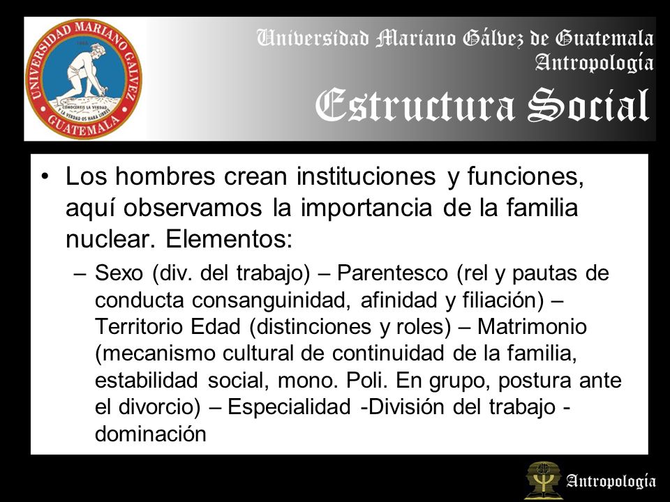 Estructura Social Los hombres crean instituciones y funciones, aquí observamos la importancia de la familia nuclear. Elementos: