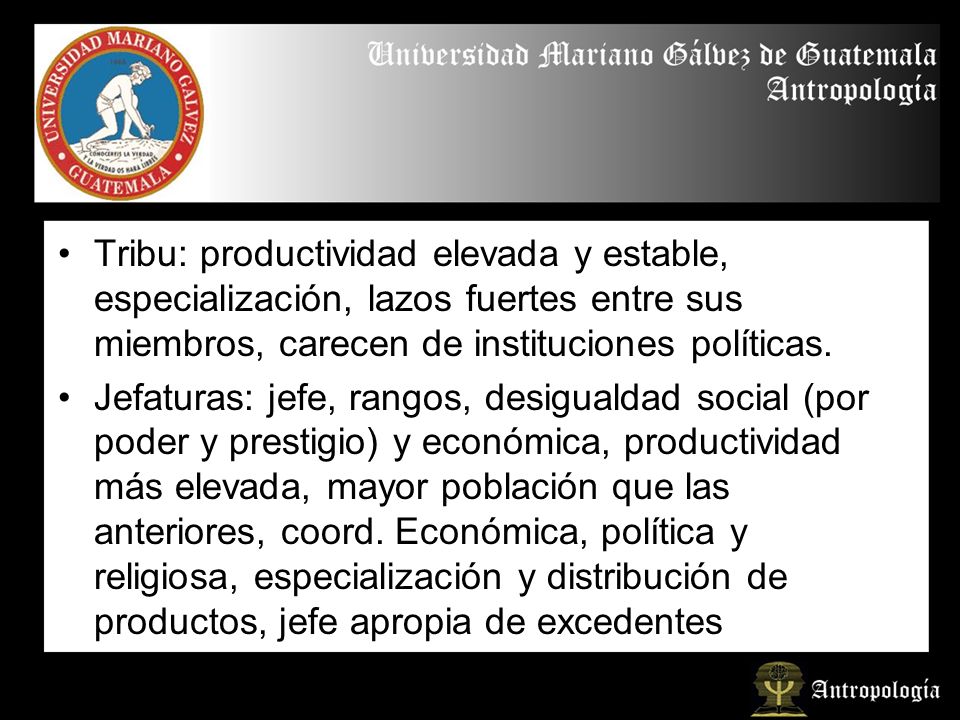 Tribu: productividad elevada y estable, especialización, lazos fuertes entre sus miembros, carecen de instituciones políticas.