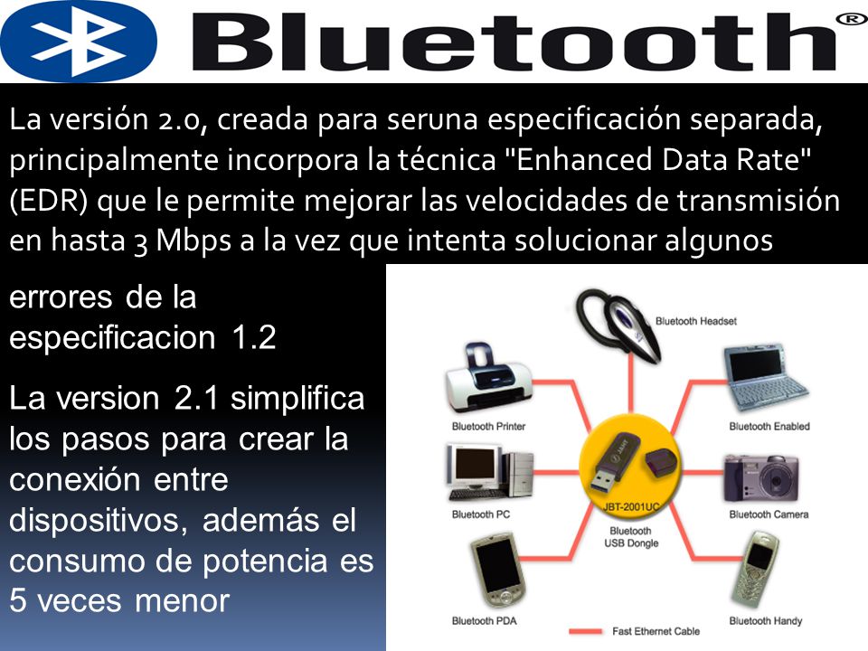 La versión 2.0, creada para seruna especificación separada, principalmente incorpora la técnica Enhanced Data Rate (EDR) que le permite mejorar las velocidades de transmisión en hasta 3 Mbps a la vez que intenta solucionar algunos