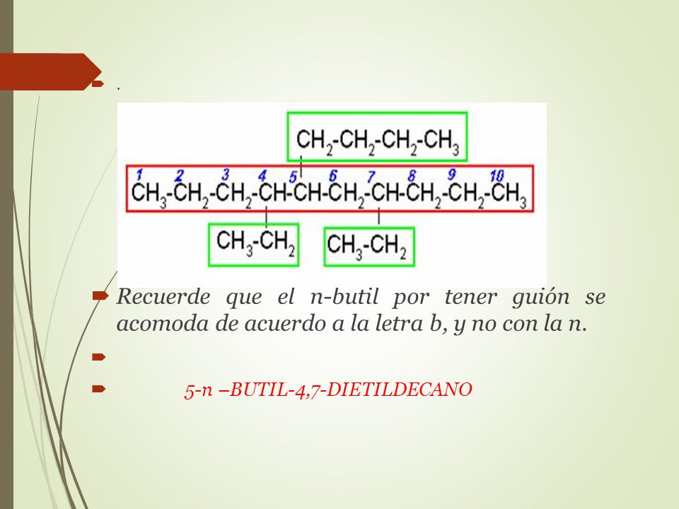 Recuerde que el n-butil por tener guión se acomoda de acuerdo a la letra b, y no con la n.