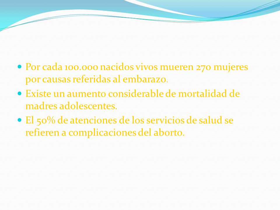 Por cada nacidos vivos mueren 270 mujeres por causas referidas al embarazo.