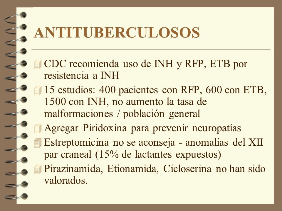 ANTITUBERCULOSOS CDC recomienda uso de INH y RFP, ETB por resistencia a INH.
