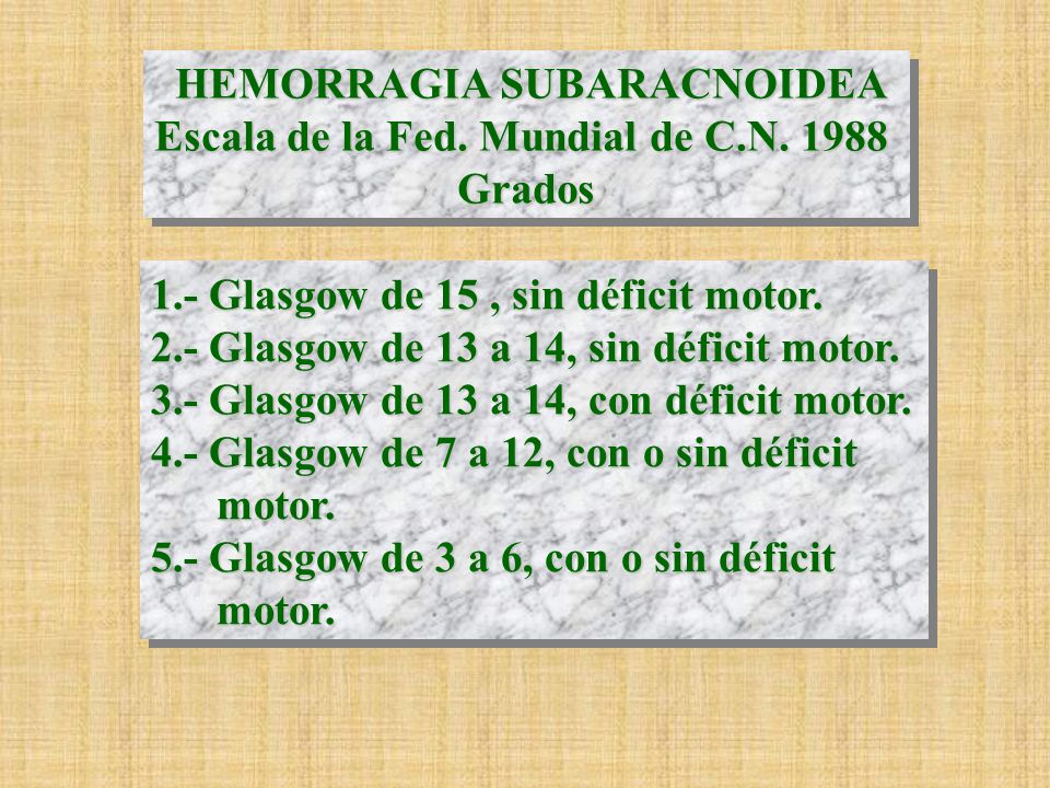 HEMORRAGIA SUBARACNOIDEA Escala de la Fed. Mundial de C.N Grados