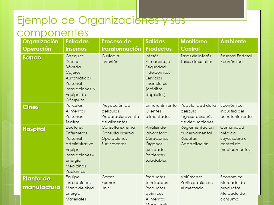 Ejemplo de Organizaciones y sus componentes