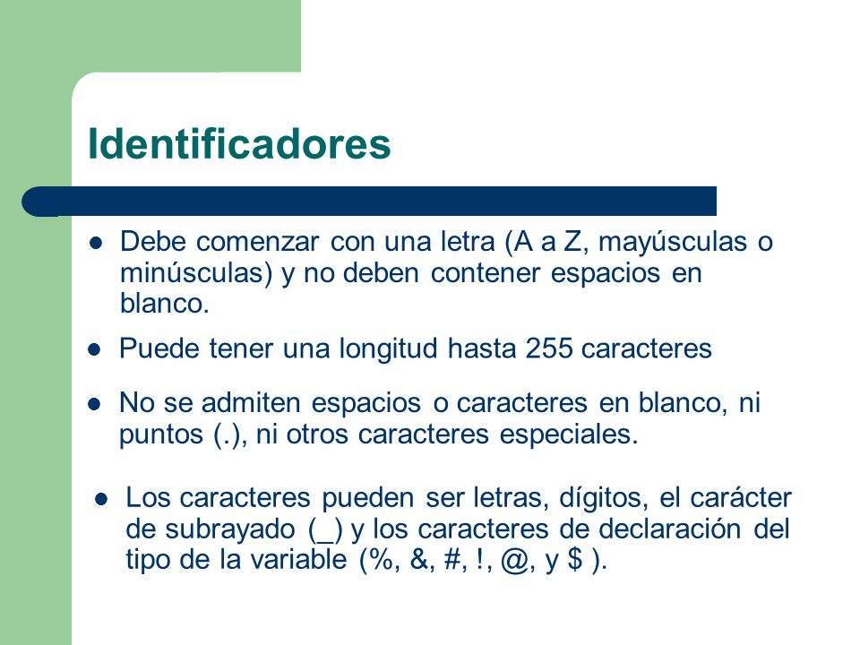 Identificadores Debe comenzar con una letra (A a Z, mayúsculas o minúsculas) y no deben contener espacios en blanco.