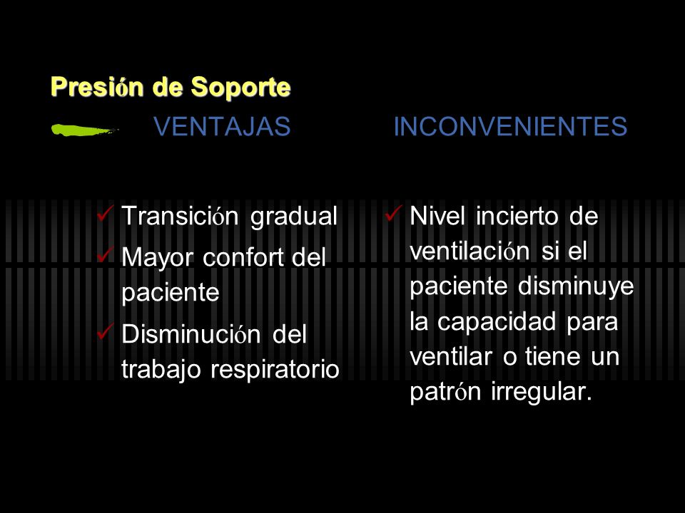 Presión de Soporte VENTAJAS. Transición gradual. Mayor confort del paciente. Disminución del trabajo respiratorio.