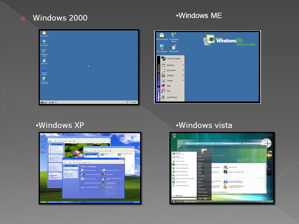 Windows ME Windows 2000 Windows XP Windows vista