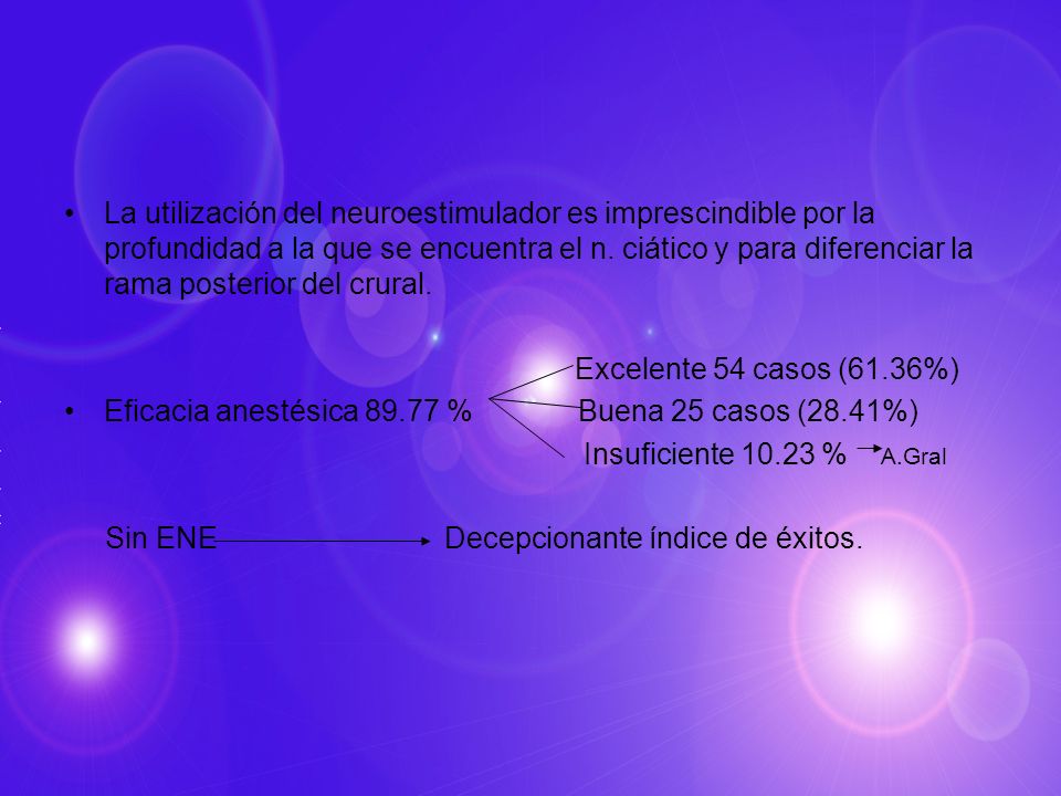 La utilización del neuroestimulador es imprescindible por la profundidad a la que se encuentra el n. ciático y para diferenciar la rama posterior del crural.
