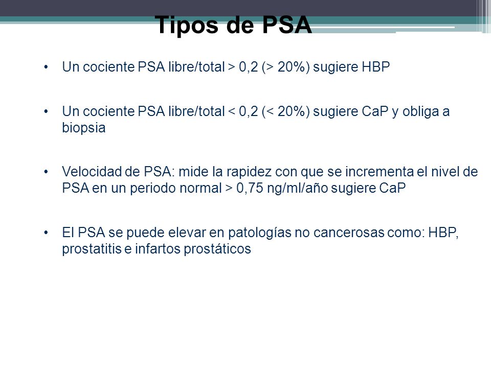 Un cociente PSA libre/total > 0,2 (> 20%) sugiere HBP