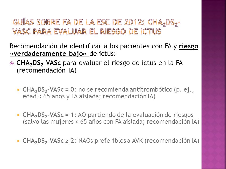 Guías de la ESC de 2012 Guías sobre FA de la ESC de 2012: CHA2DS2-VASc para evaluar el riesgo de ictus.
