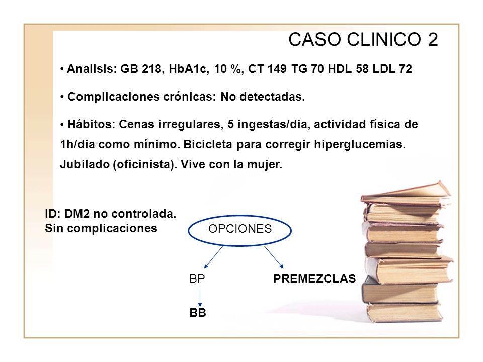 CASO CLINICO 2 Analisis: GB 218, HbA1c, 10 %, CT 149 TG 70 HDL 58 LDL 72. Complicaciones crónicas: No detectadas.