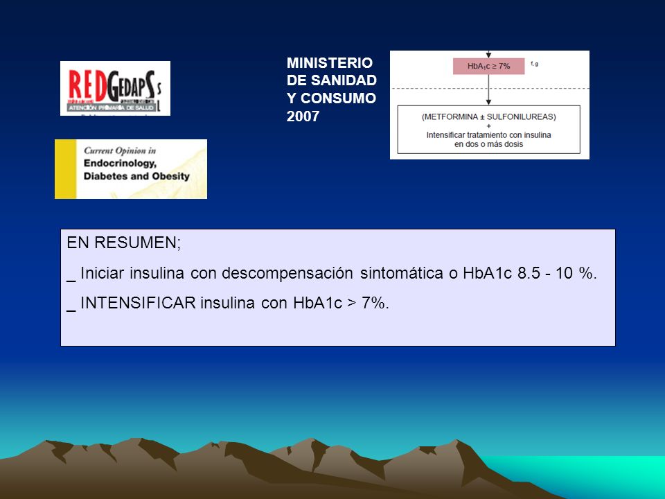 _ Iniciar insulina con descompensación sintomática o HbA1c %.