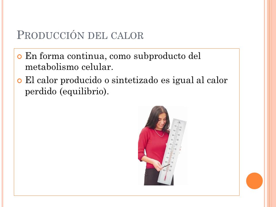 Producción del calor En forma continua, como subproducto del metabolismo celular.
